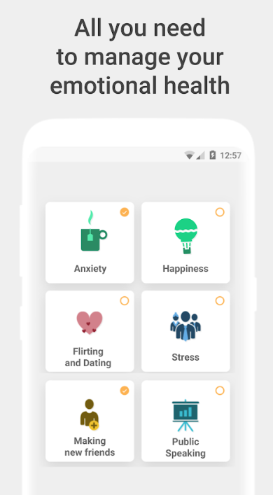Abb. 9: Tools zum Selbstmanagement der emotionalen Gesundheit in unterschiedlichen Alltagsbereichen. Quelle: Youper im Google Playstore